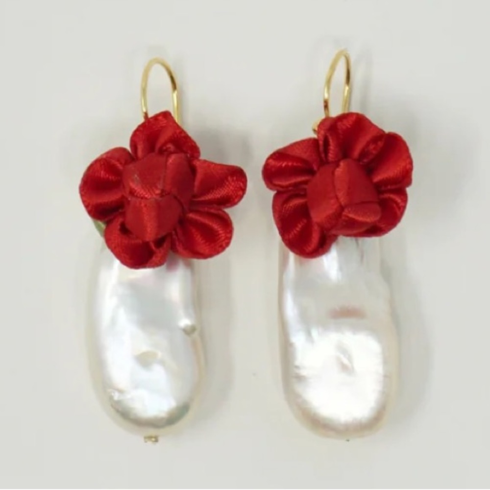 NST Studio Red Baroque Pearl and Satin Flower earrings